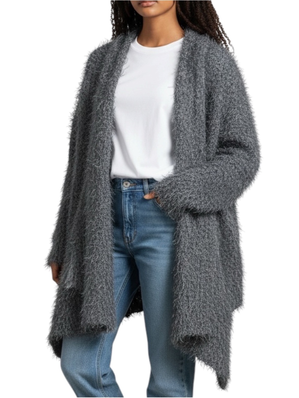 VICI Cozy Open-Front Shaggy Eyelash Drape Cardigan Sweater